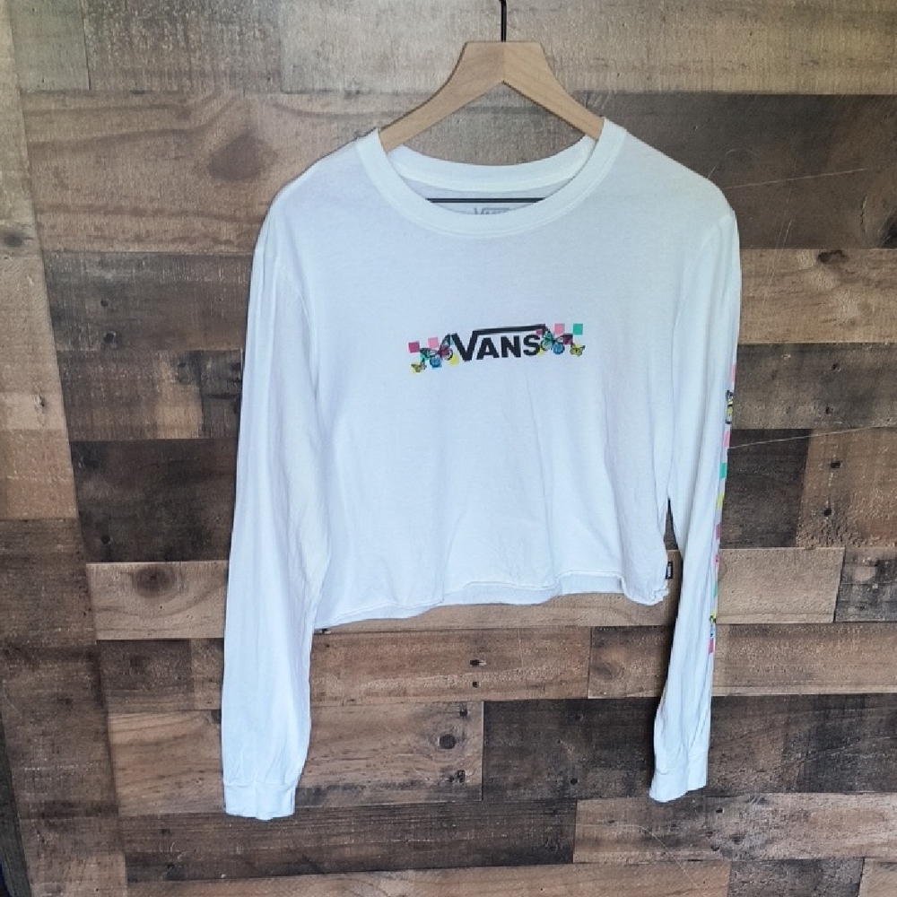 Vans Women's White Graphic Long Sleeve Crop Top Sz Large Women